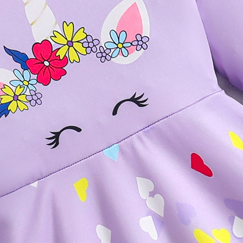Girls Purple Unicorn Printed Full Sleeves Casual Dress Casual Dresses