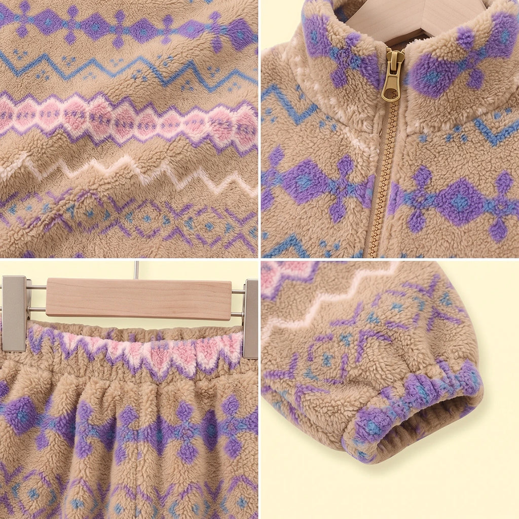 Girls Khaki Geometric Fleece Jacket & Pants Co-ord Sets Sets