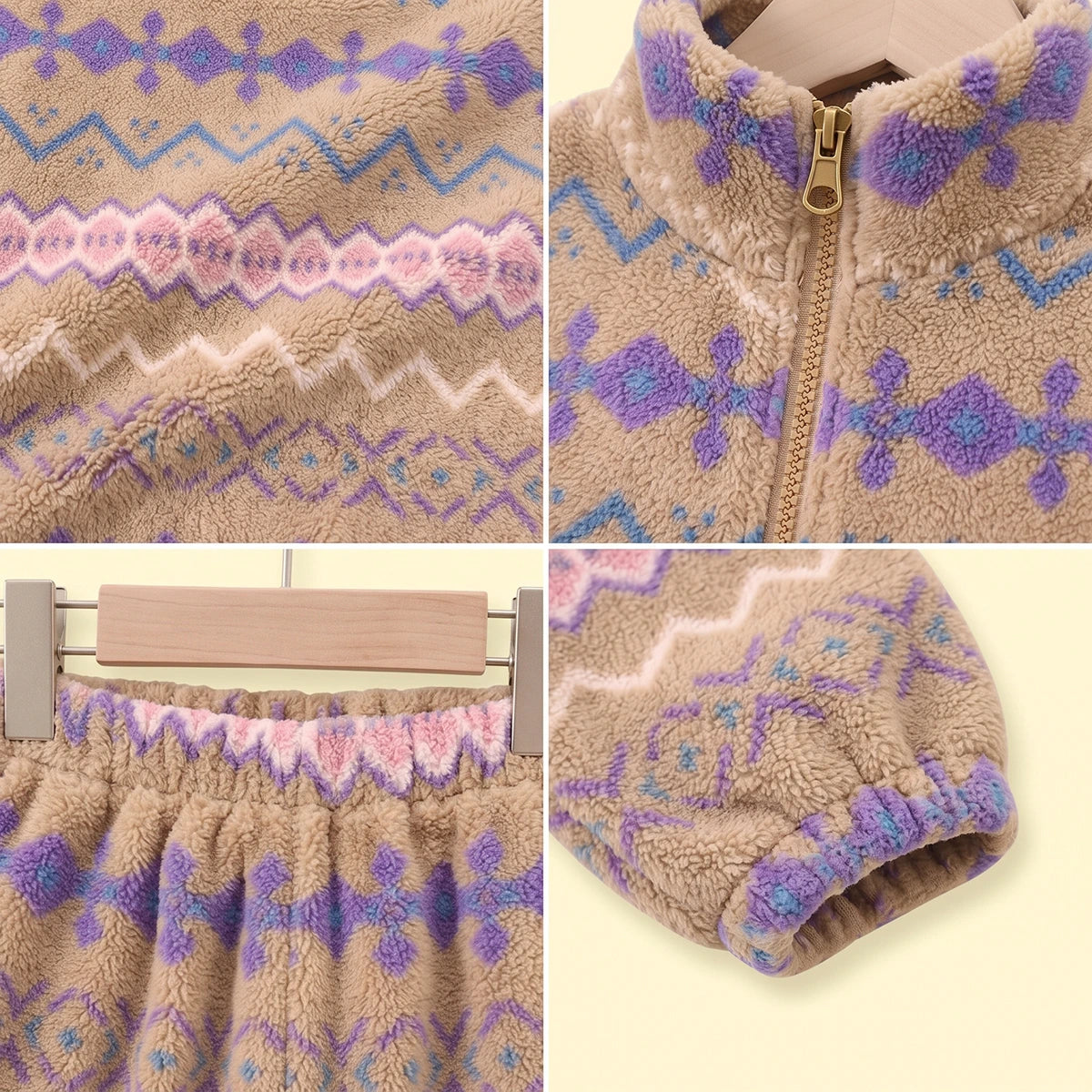 Girls Khaki Geometric Fleece Jacket & Pants Co-ord Sets Sets