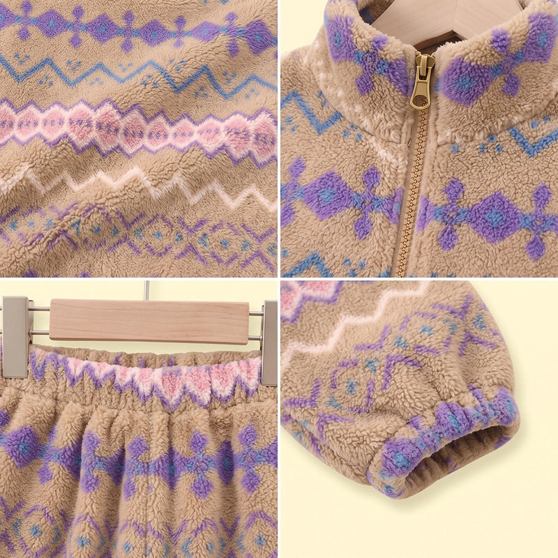 Girls Khaki Geometric Fleece Jacket & Pants Co-ord Sets Sets