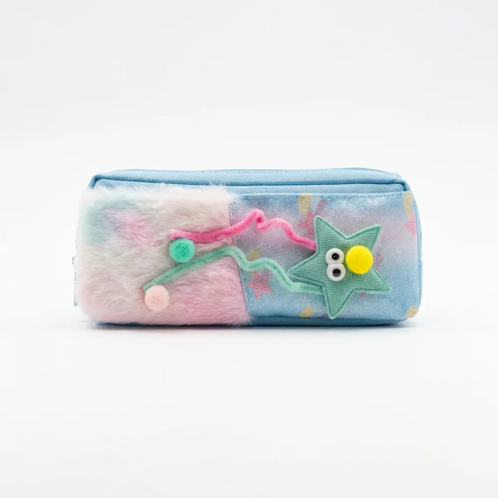 Girls Plush Fur Pencil Pouch with Star Design -Cute Zipper Pencil Case for School Trending Accessories Blue Onesize