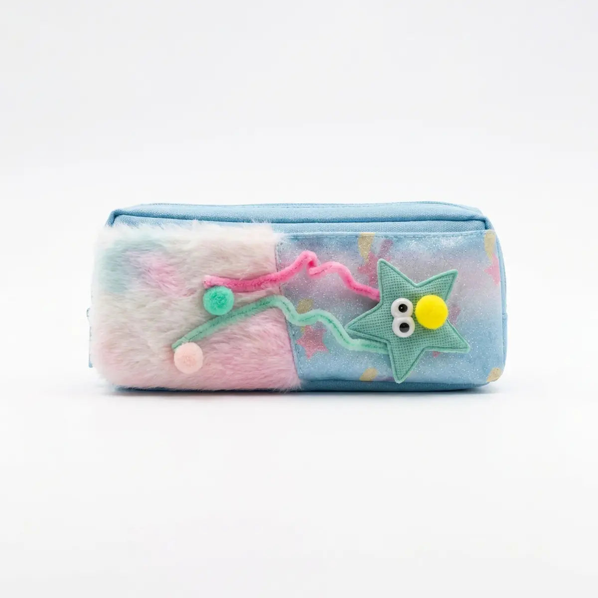 Girls Plush Fur Pencil Pouch with Star Design -Cute Zipper Pencil Case for School Trending Accessories Blue Onesize