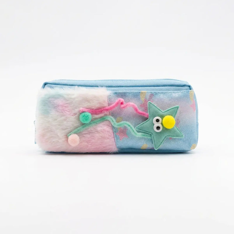 Girls Plush Fur Pencil Pouch with Star Design -Cute Zipper Pencil Case for School Trending Accessories Blue Onesize