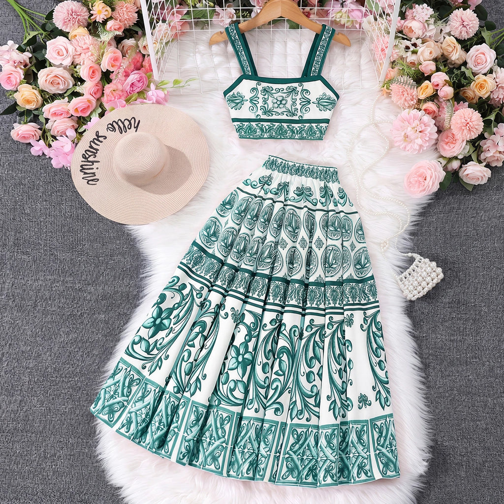 Girls Green Ethnic Print Sleeveless Top With Skirt Sets 2 pc. Sets Green 7-8 Y