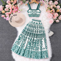 Girls Green Ethnic Print Sleeveless Top With Skirt Sets 2 pc. Sets Green 7-8 Y