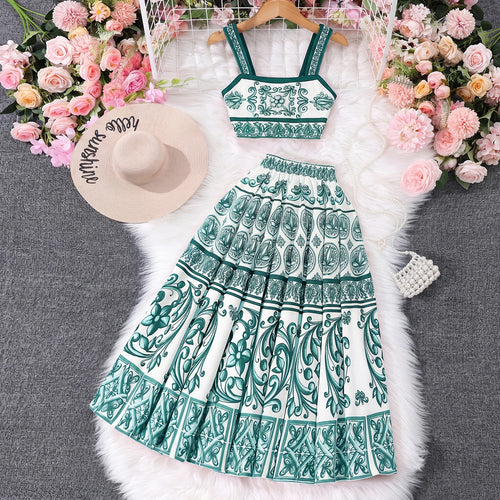 Girls Green Ethnic Print Sleeveless Top With Skirt Sets 2 pc. Sets Green 7-8 Y