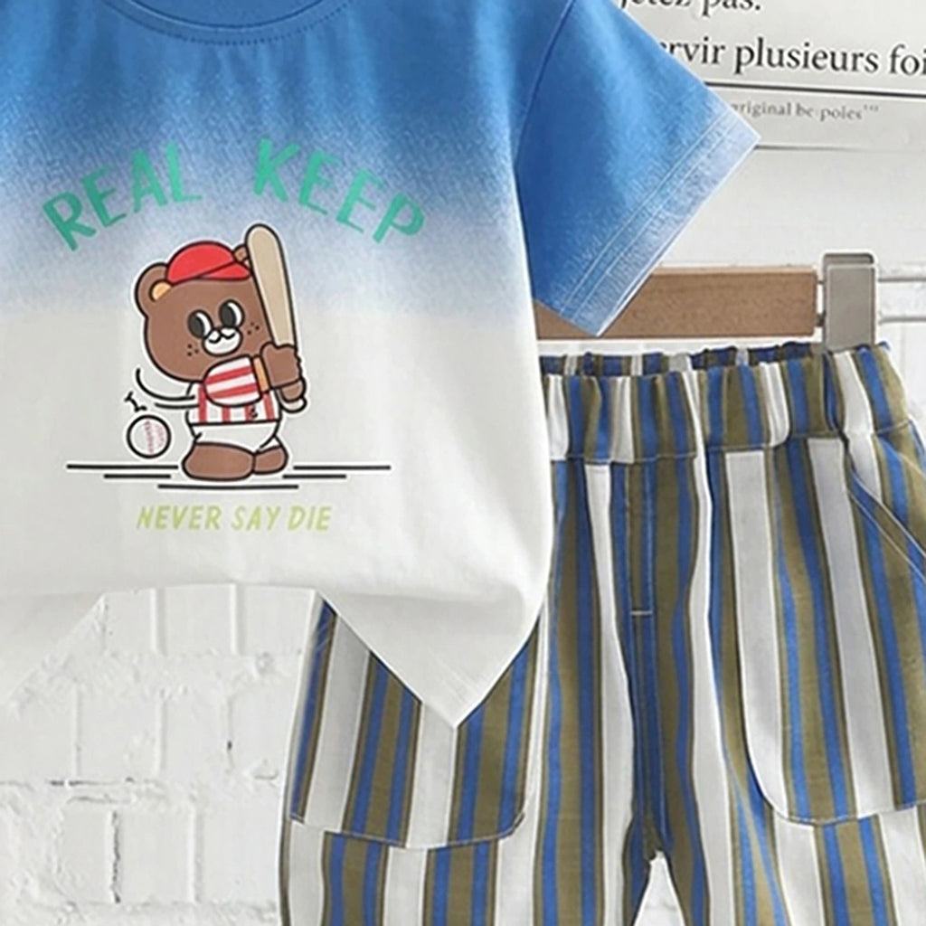 Boys Blue Cartoon Characters Printed Short Sleeve T-Shirt With Shorts Sets 2 pc. Sets