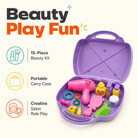 Kids Beauty Salon Play Set with Carry Case, 15-Piece Pretend Makeup & Hair Styling Kit Trending Accessories