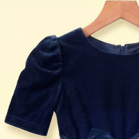 Girls dark blue high-low party dress with velvet bodice