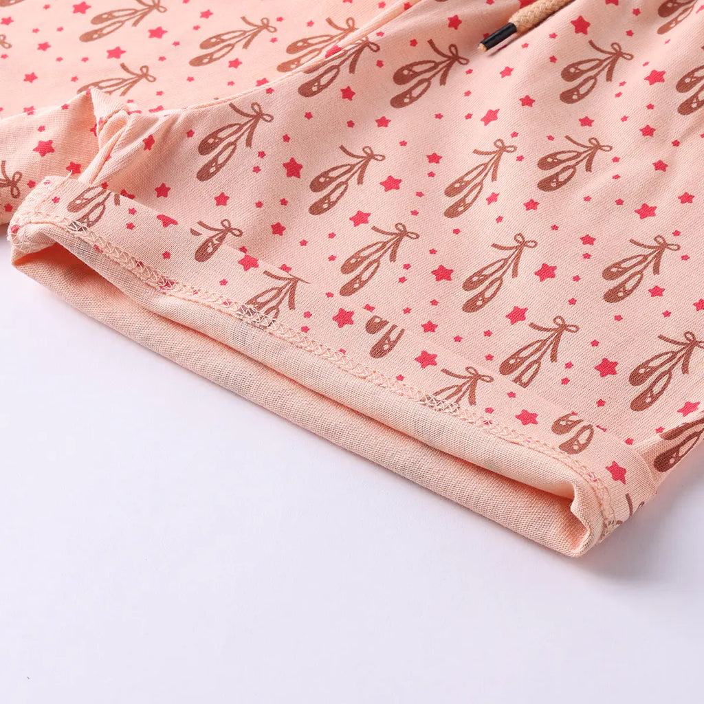 Girls Peach Graphic Short Sleeve Top With Drawcord Printed Shorts Sets Sets