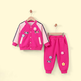 Girls Pink Floral Applique Long Sleeve Jacket With Pants Sets 2 pc. Sets Pink 1-2 Y