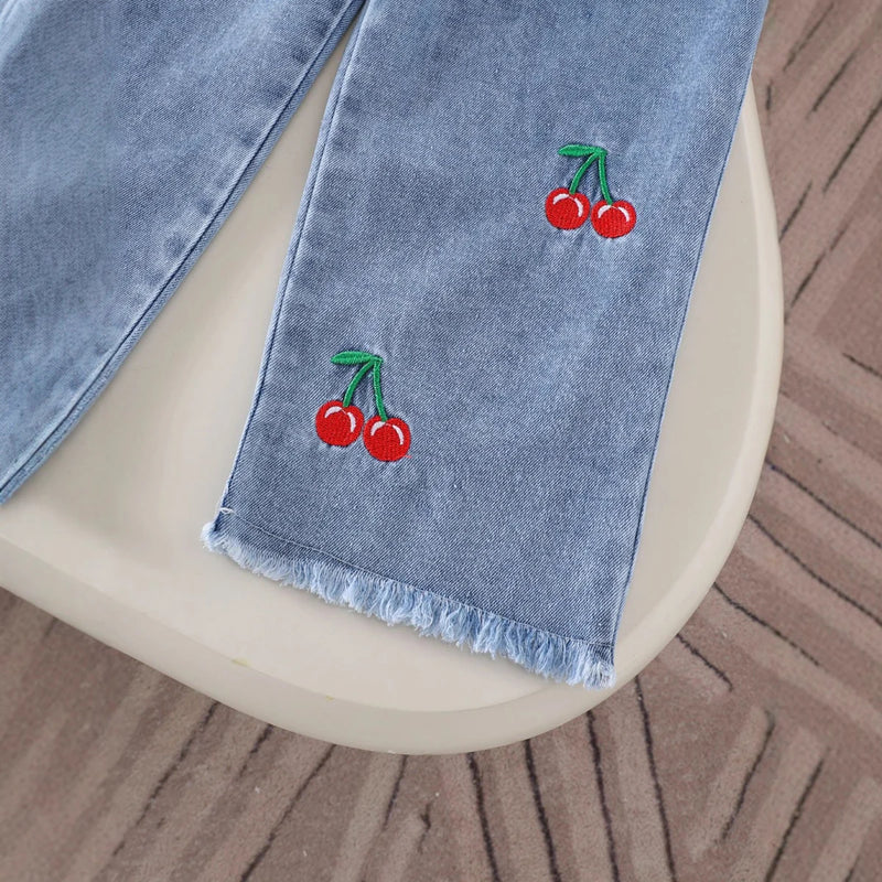 Girls Red Flutter Sleeve Top With Cherry Embroidered Denim Pants Sets 2 pc. Sets