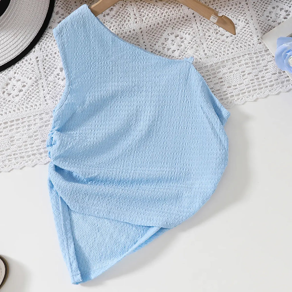 Girls Sky Blue Textured One Shoulder Top With Denim Skirt Sets Sets