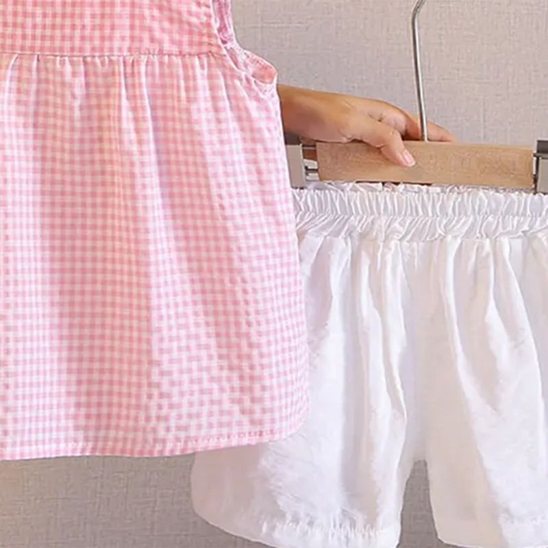 Girls Light Pink Gingham Checked Sleeveless Top With Short Sets Sets