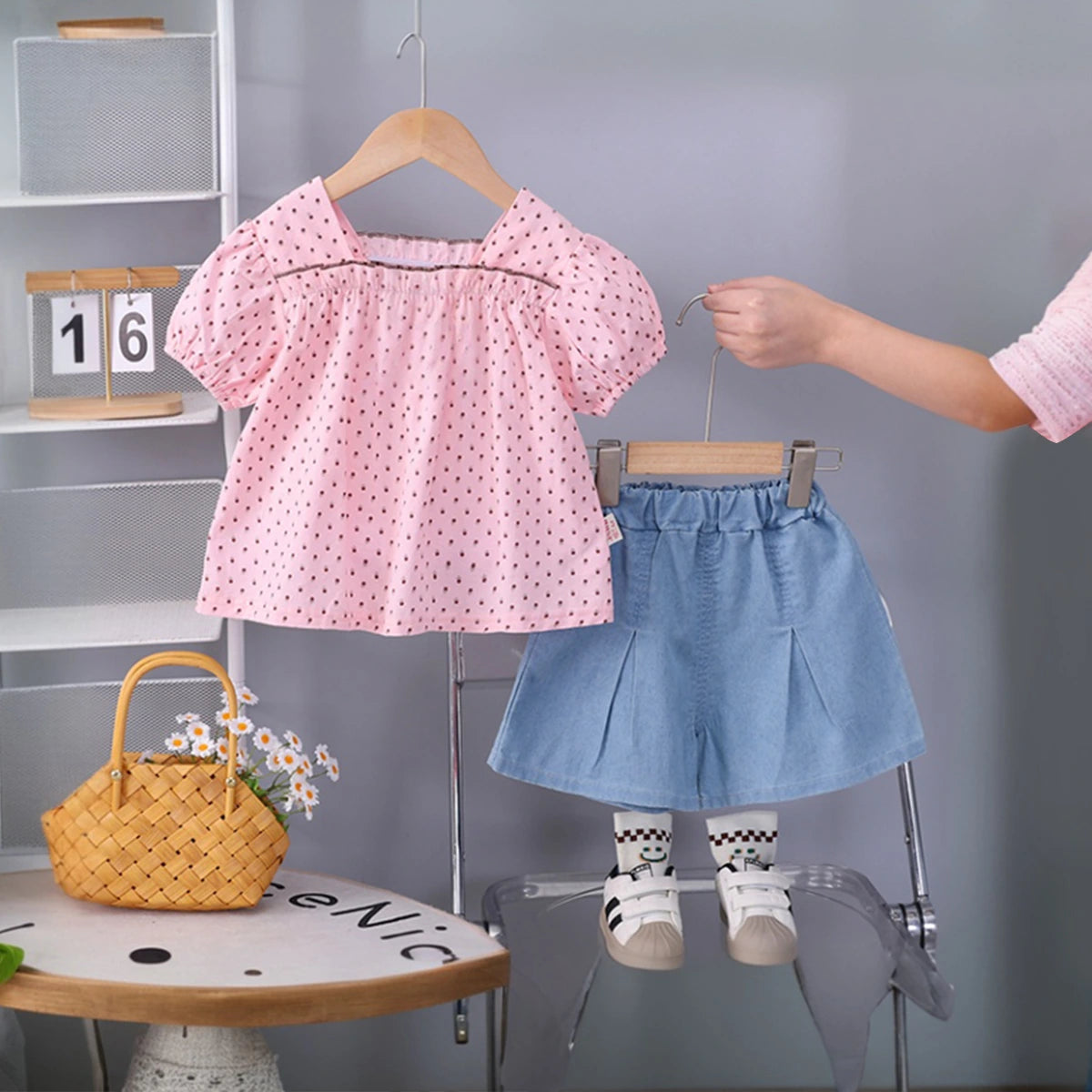 Girls Pink Polka Dot Print Top With Pleated Denim Shorts Set Sets