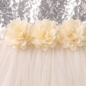 Girls Off White Embellished Sequined Fit & Flare Party Dress Party Dresses