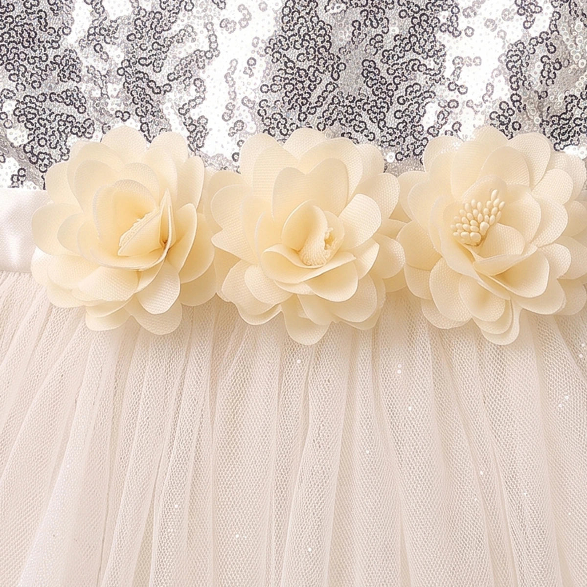 Girls Off White Embellished Sequined Fit & Flare Party Dress Party Dresses