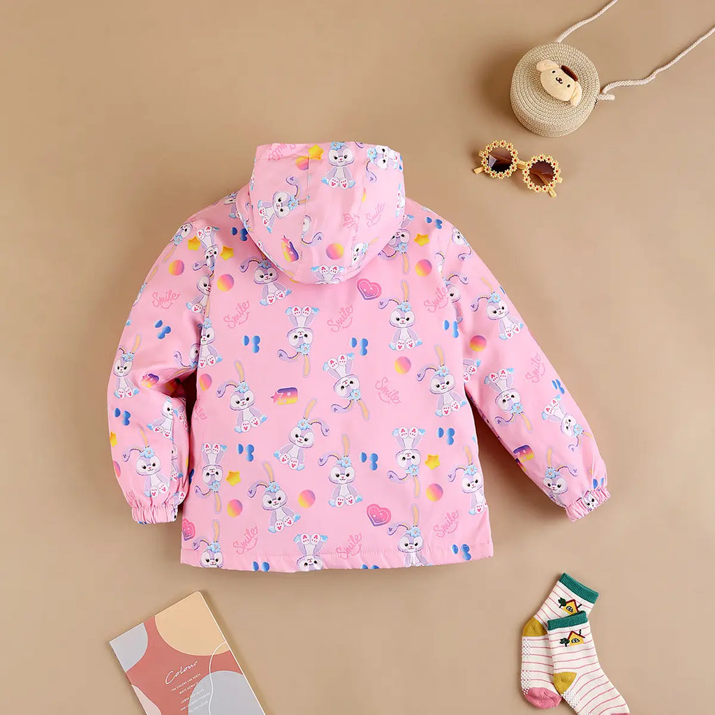 Girls Pink Rabbit Cartoon Printed Hooded Zipper Jacket Coats & Jackets