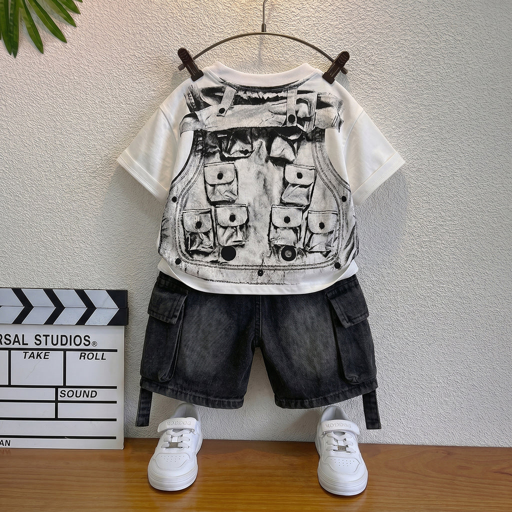 Boys Black Short Sleeve Graphic Print T-Shirt With Denim Shorts Sets 2 pc. Sets