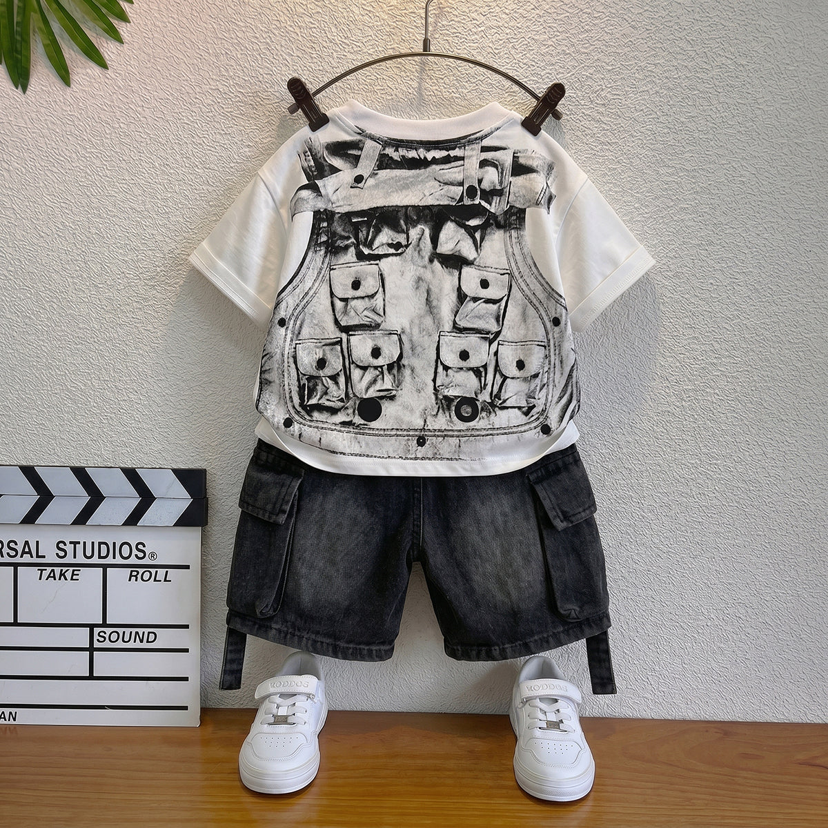 Boys Black Short Sleeve Graphic Print T-Shirt With Denim Shorts Sets 2 pc. Sets