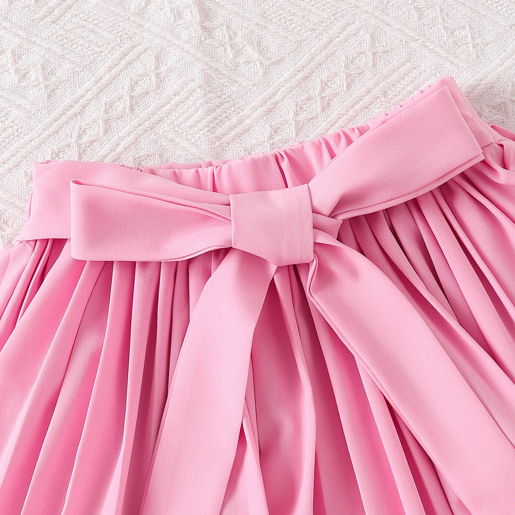 Girls Pink Bow Applique Sleeveless Top With Pleated Skirt Sets 2 pc. Sets