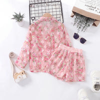 Girls Light Pink Floral Print Long Sleeve Top With Shorts Sets 2 pc. Sets
