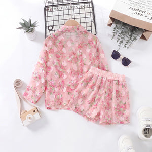 Girls Light Pink Floral Print Long Sleeve Top With Shorts Sets 2 pc. Sets