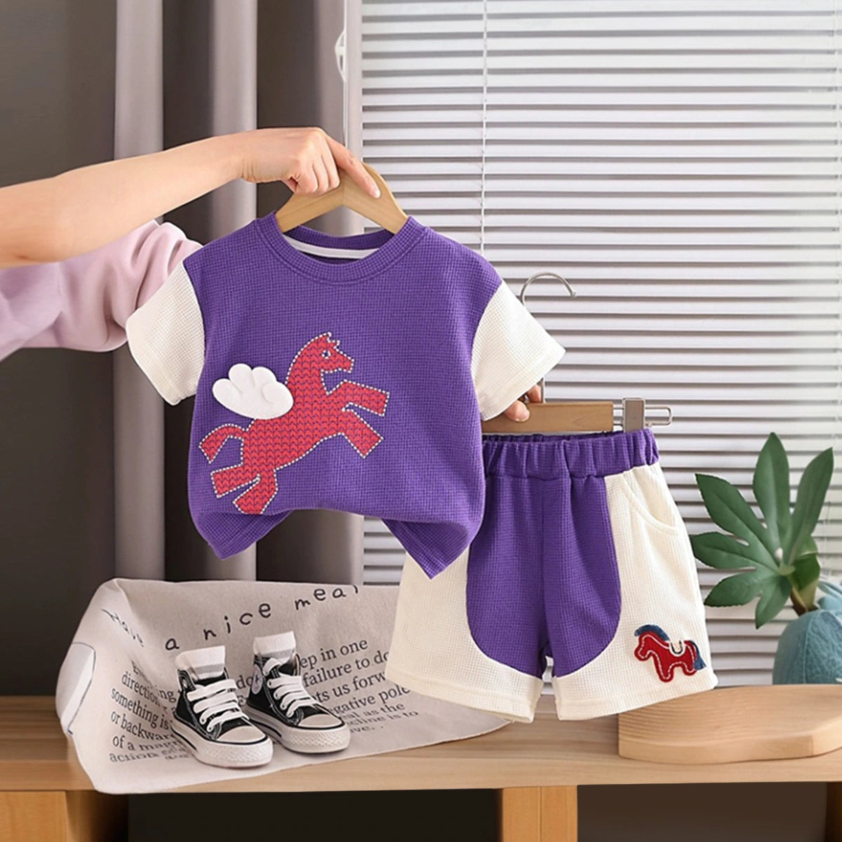 Boys Purple Horse Printed Short Sleeve T-Shirt With Elasticated Shorts Sets 2 pc. Sets Purple 1-2 Y