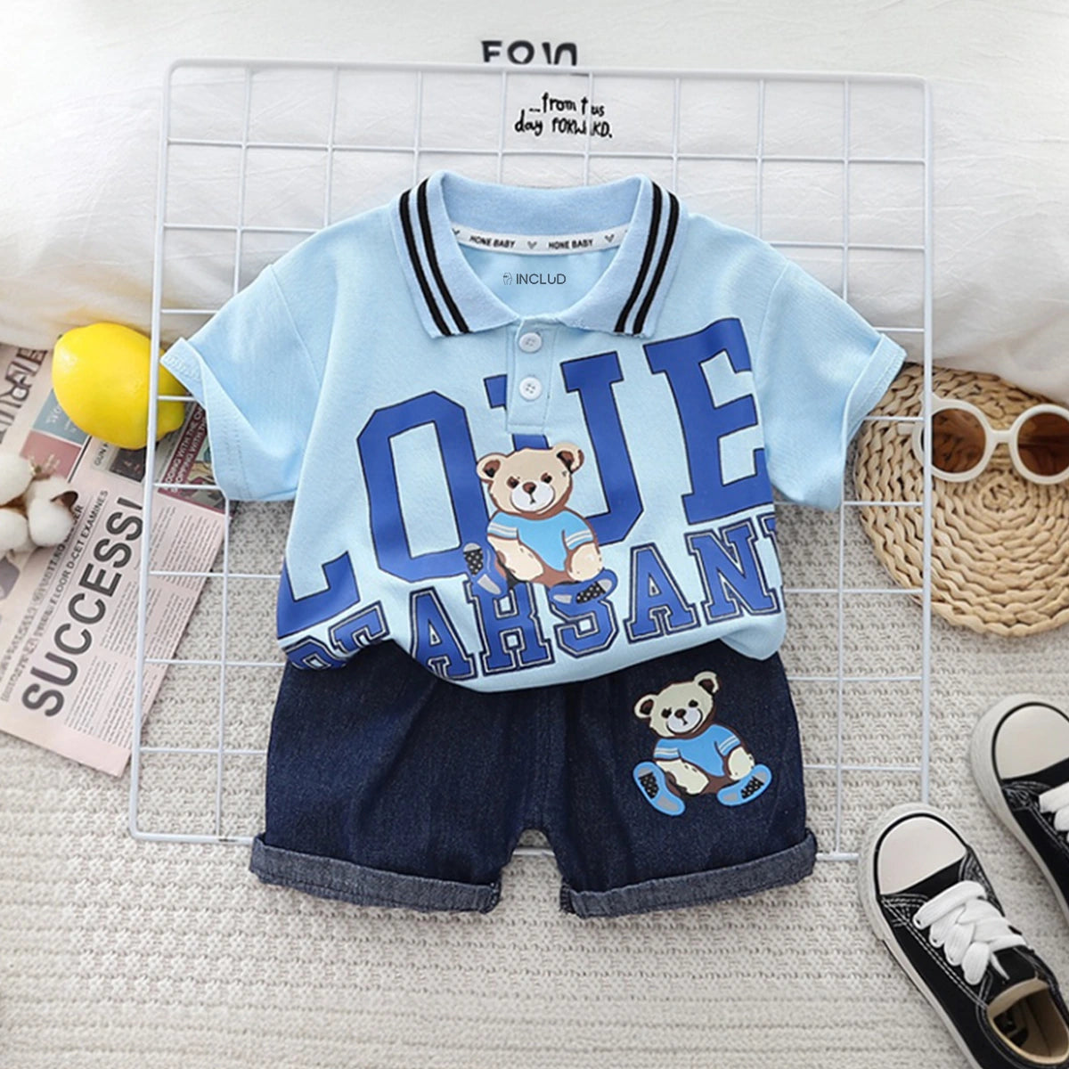 Boys Light Blue Bear Printed Polo Polo T-Shirt With Denim Shorts Sets 2 pc. Sets Light Blue 1-2 Y