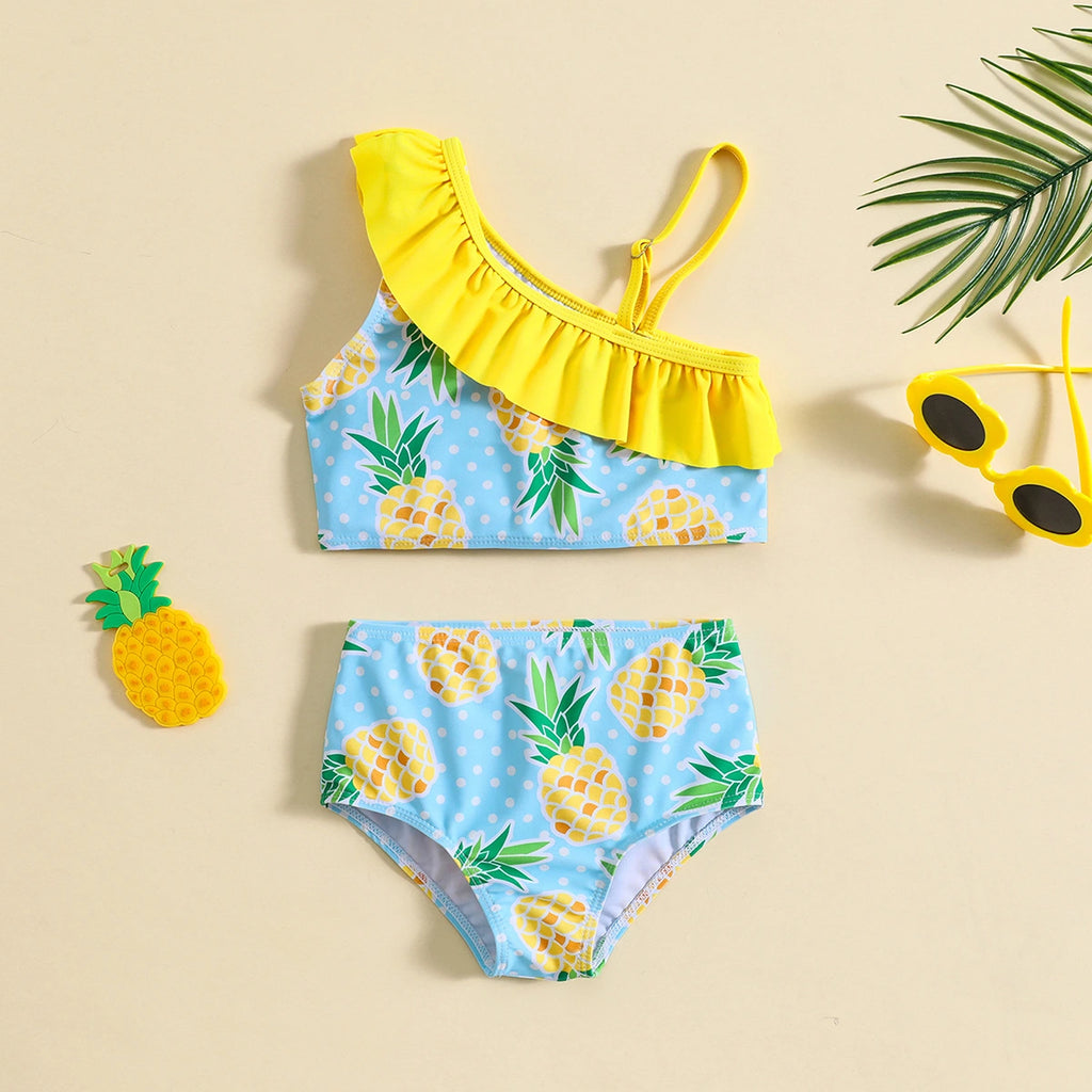 Girls Yellow Pineapple Print One Shoulder Top With Briefs Swimwear Sets Sets Yellow 1-2 Y