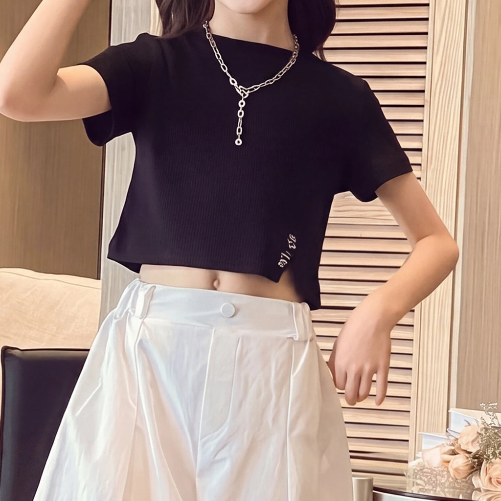 Girls Black Short Sleeve Crop Top With Elasticated Pants Sets 2 pc. Sets