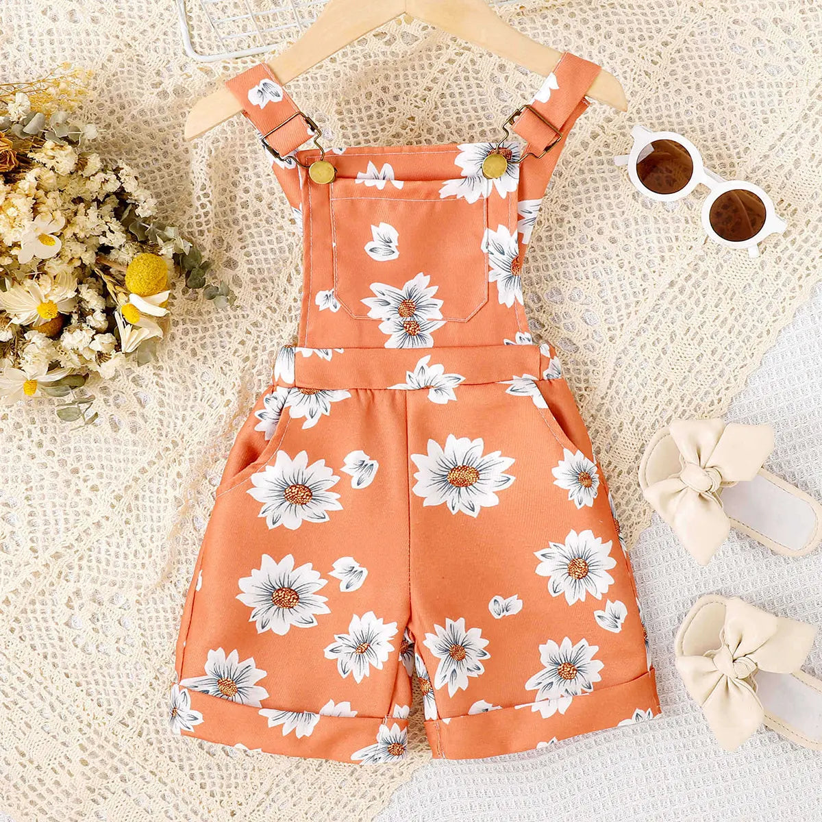 Girls Orange Floral Print Adjustable Strap Dungaree Jumpsuits Orange 1-2 Y