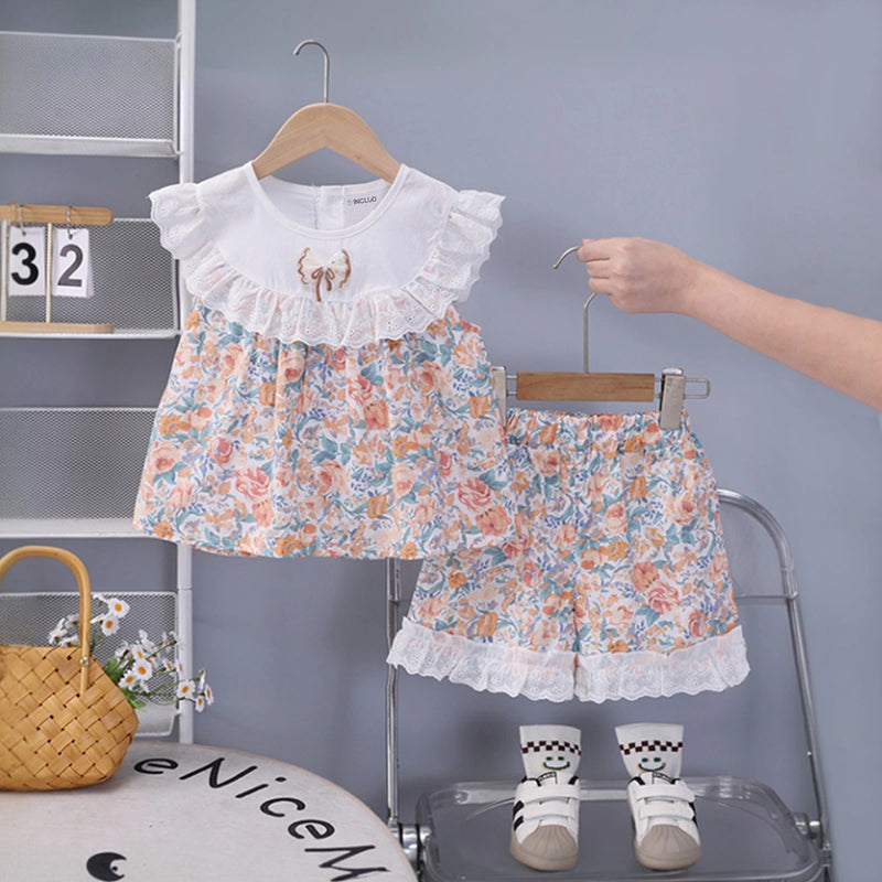 Girls Orange Floral Printed Eyelet Lace Collar Top & Shorts Co-ord Sets Sets Orange 1-2 Y