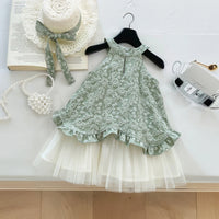 Girls Green Floral Embroidered Sleeveless Fit & Flare Dress Casual Dresses