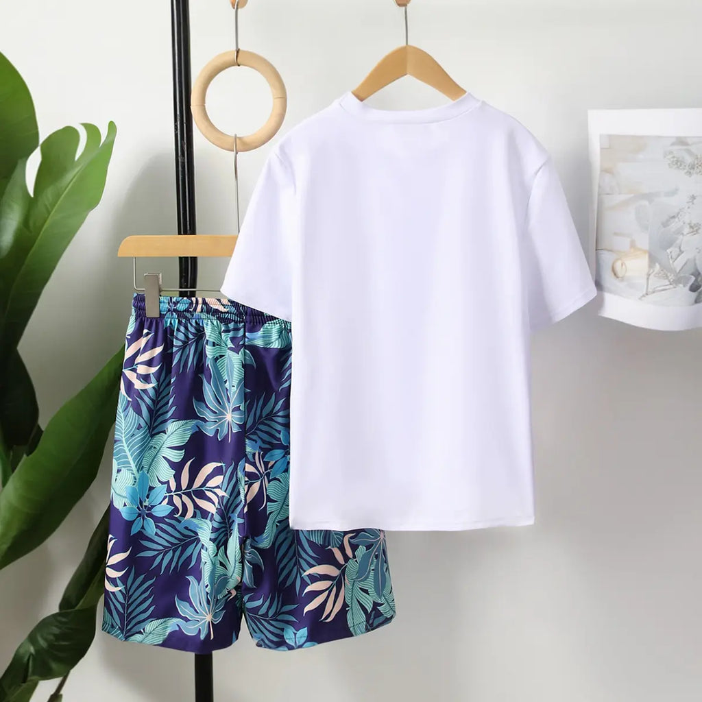 Boys White Tropical Printed Short Sleeves T-Shirt & Shorts Swimsuit Sets Sets