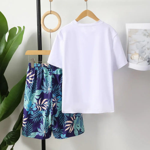 Boys White Tropical Printed Short Sleeves T-Shirt & Shorts Swimsuit Sets Sets