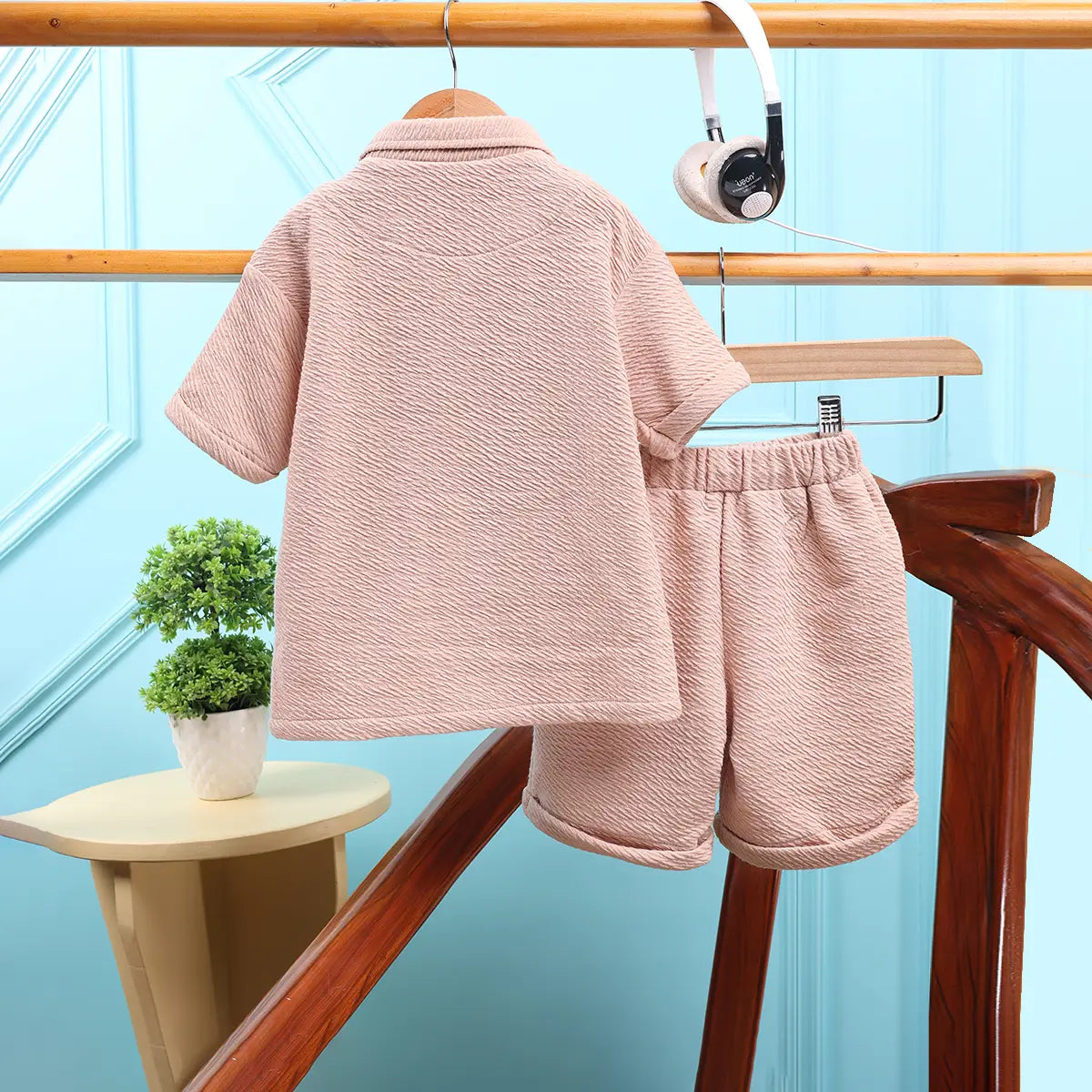 Boys Beige Smiley Printed Short Sleeve Shirt With Elasticated Shorts Sets 2 pc. Sets