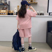 Girls Pink Letter R Printed Short Sleeves T-Shirt With Shorts Co-ord Sets Sets