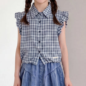 Girls Blue Checked Sleeveless Shirt With Denim Skirt Sets 2 pc. Sets