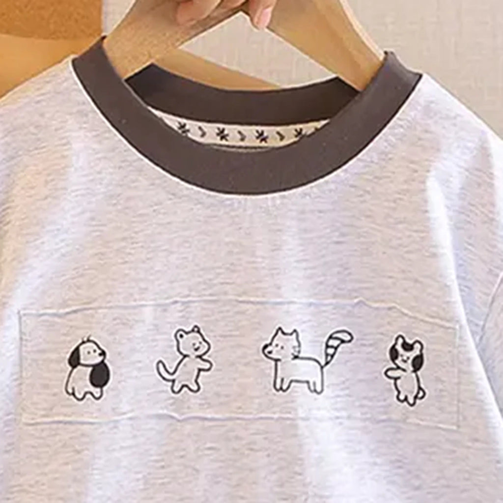 Boys Grey Animals Printed Short Sleeves T-Shirt With Denim Shorts Sets Sets