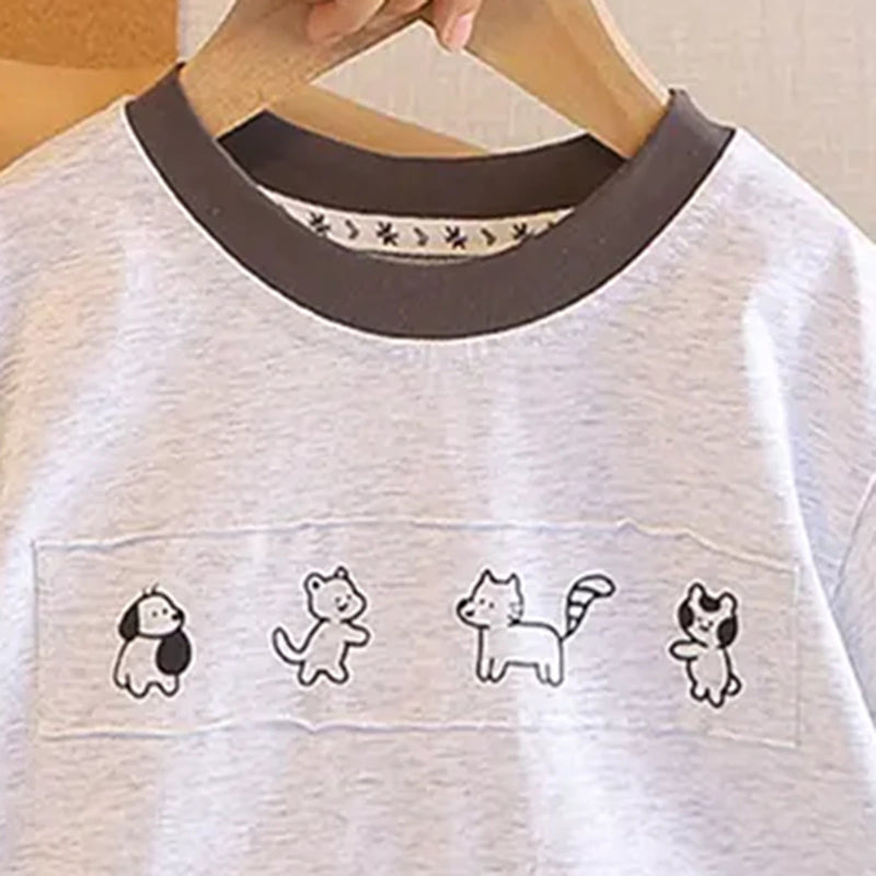Boys Grey Animals Printed Short Sleeves T-Shirt With Denim Shorts Sets Sets
