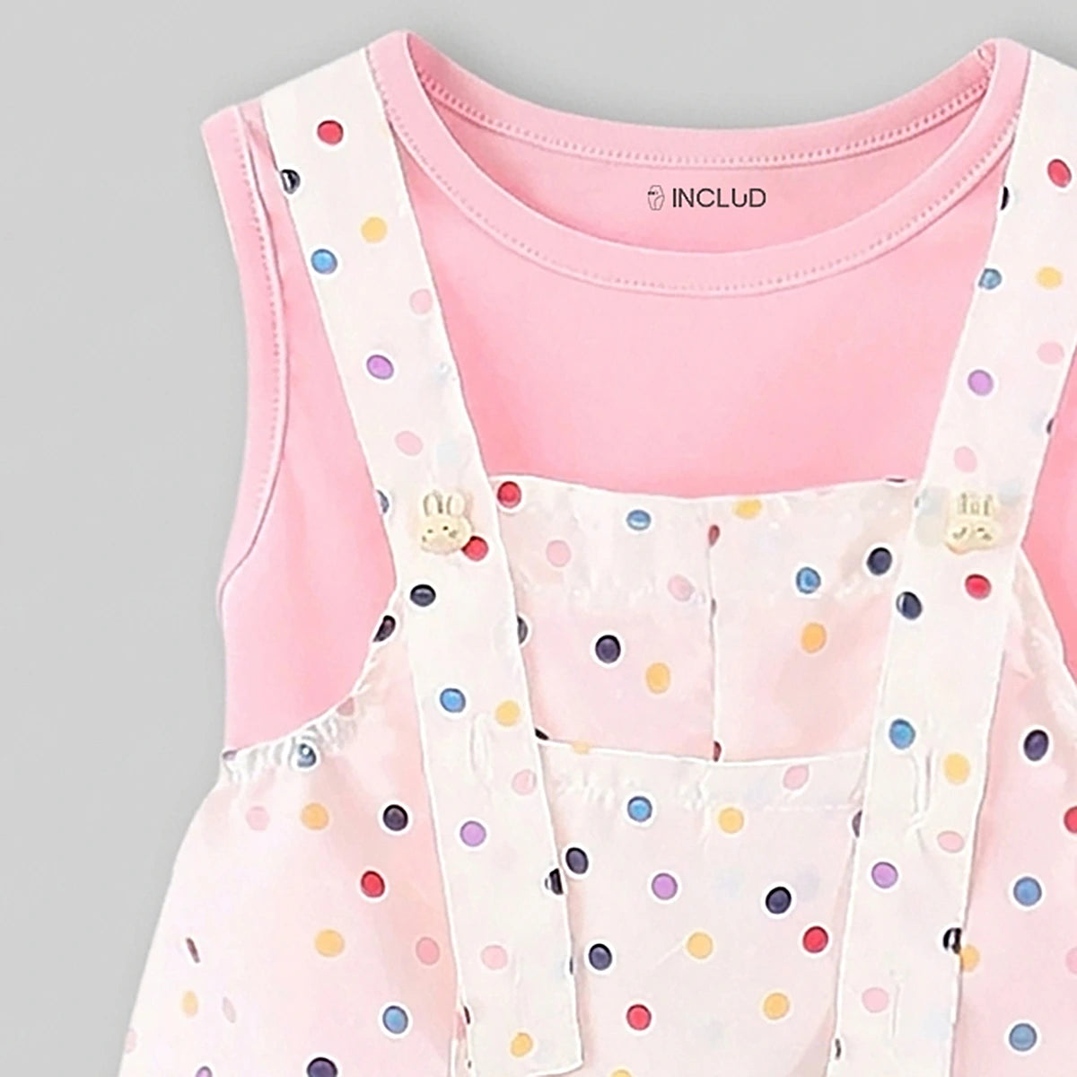 Girls Pink Round Neck Sleeveless Top With Polka Dot Dungaree Sets Sets