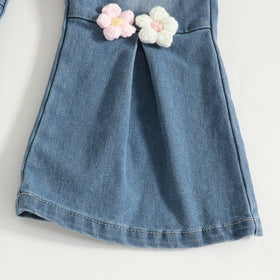 Girls Black Floral Applique Short Sleeve T-Shirt With Denim Jeans Sets 2 pc. Sets