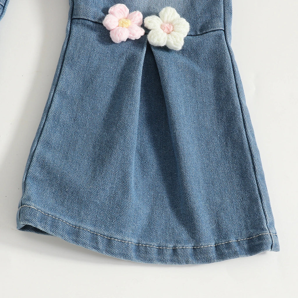 Girls Black Floral Applique Short Sleeve T-Shirt With Denim Jeans Sets 2 pc. Sets