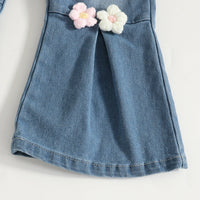 Girls Black Floral Applique Short Sleeve T-Shirt With Denim Jeans Sets 2 pc. Sets