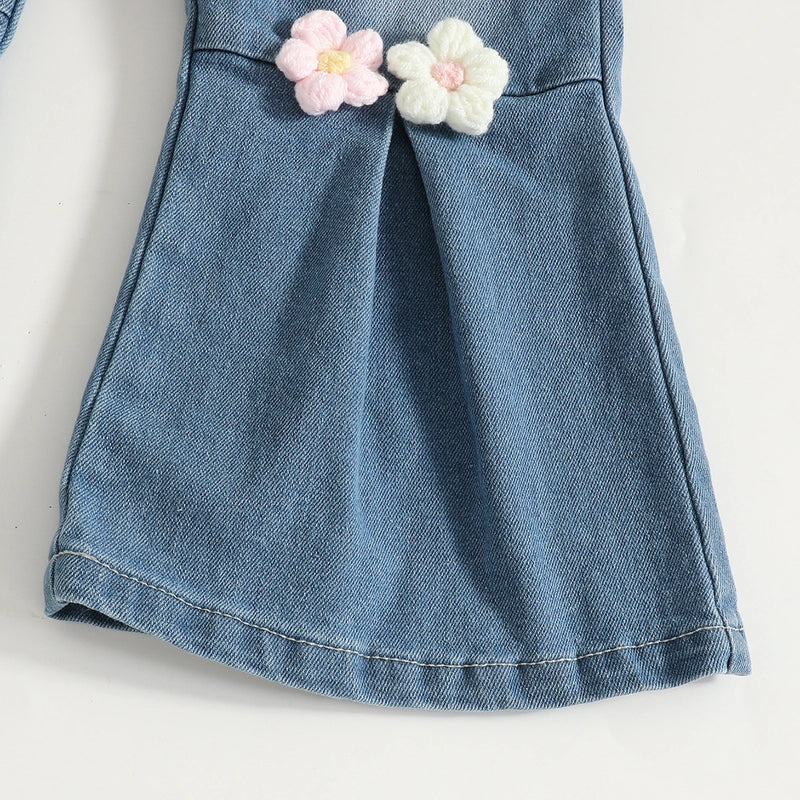 Girls Black Floral Applique Short Sleeve T-Shirt With Denim Jeans Sets 2 pc. Sets