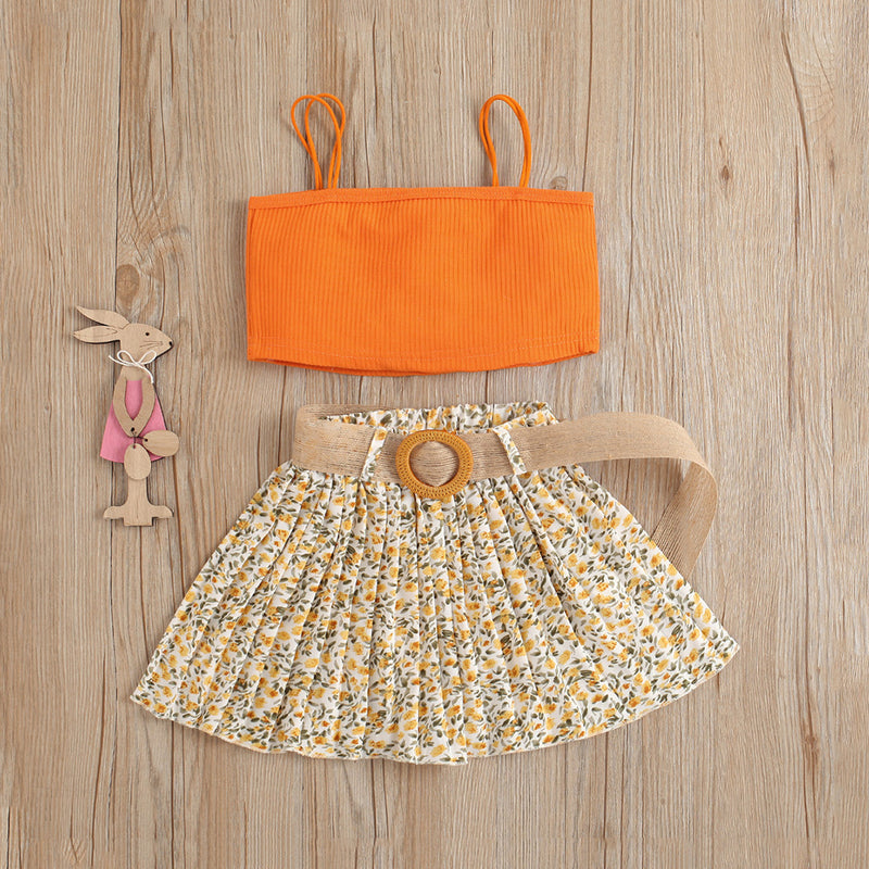 Girls Camisole Top With Floral Printed Pleated Skirt Set Sets Orange 1-2 Y