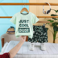 Boys Green Typographic Printed Short Sleeves T-Shirt With Pinted Drawstring Shorts Sets Sets Green 6-12 M