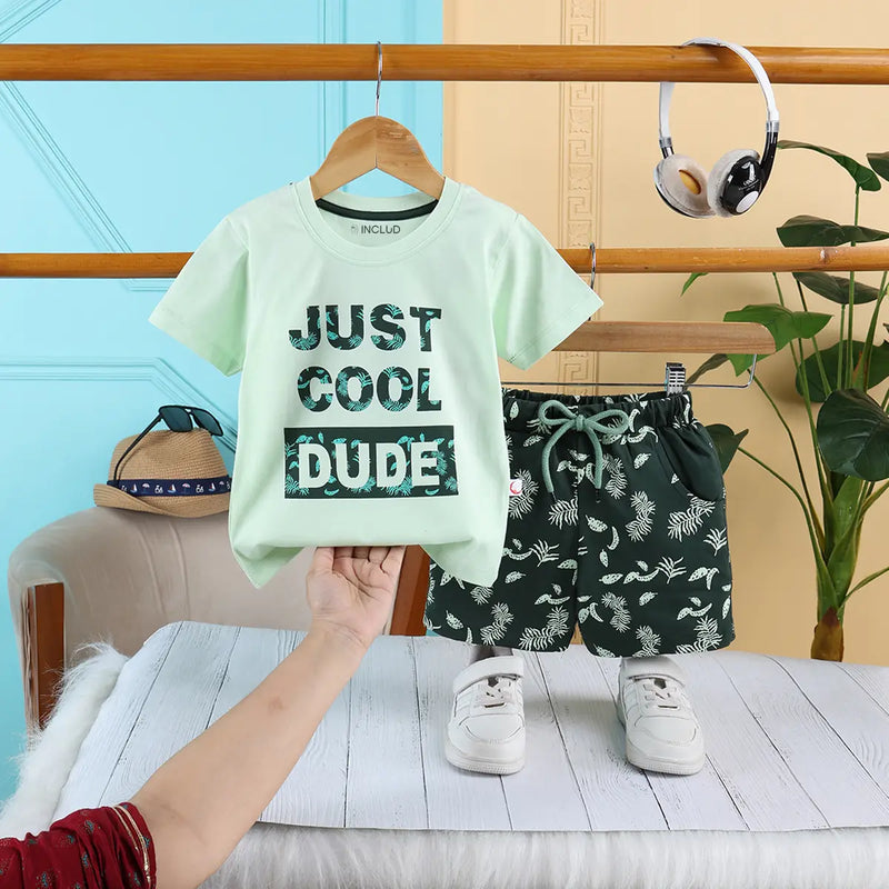 Boys Green Typographic Printed Short Sleeves T-Shirt With Pinted Drawstring Shorts Sets Sets Green 6-12 M