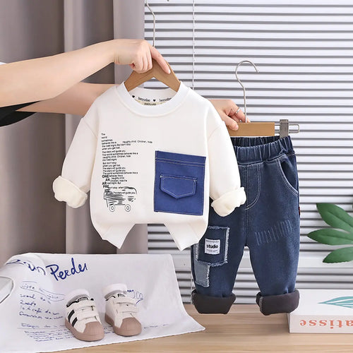 Boys White Typographic Printed Sweatshirt With Denim Pants Set Sets
